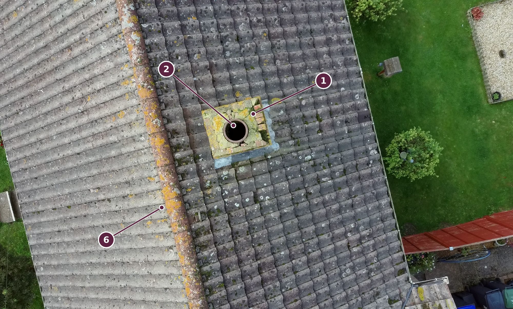 Overhead drone photograph of a chimney stack: numbered markers show cracked flaunching around the pot, the open uncapped pot, and moss and lichen on the surrounding roof tiles