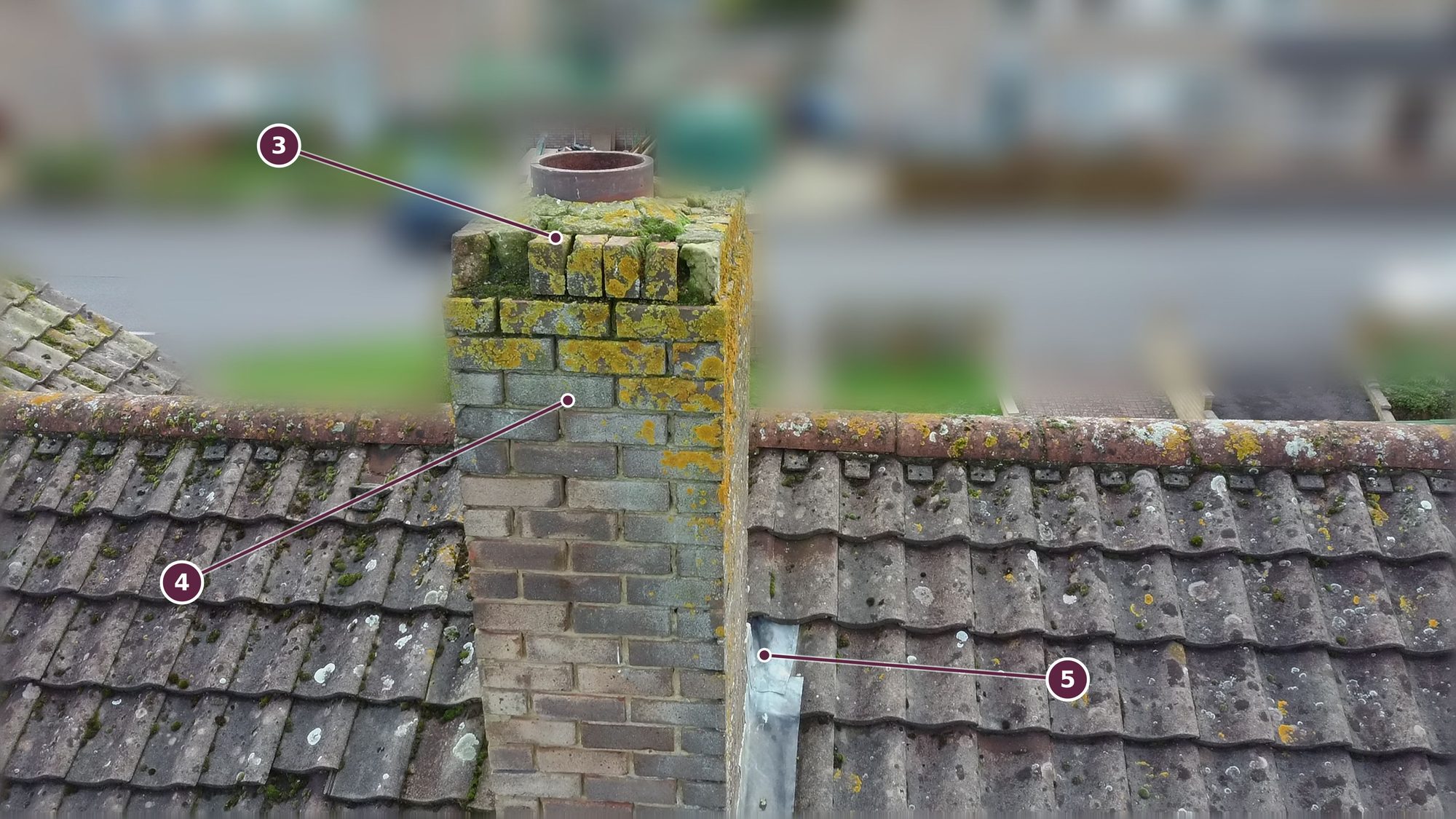 Oblique drone photograph of the same chimney stack at ridge height: numbered markers show eroded top courses with vegetation, weathered brick faces, and the lead flashing at the base of the stack
