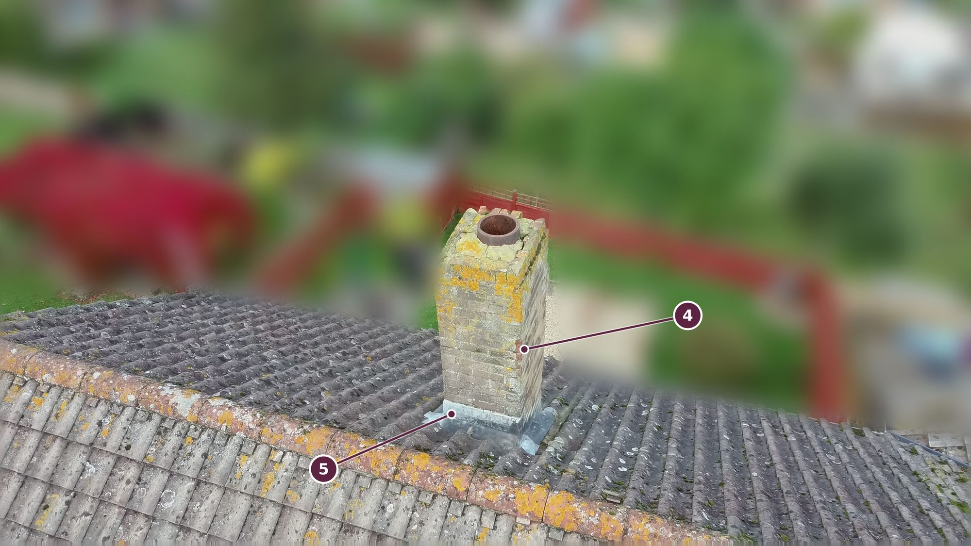 Drone photograph of the rear of the chimney stack over the roofline: numbered markers show a spalled brick face on the rear elevation and the lead apron at the base