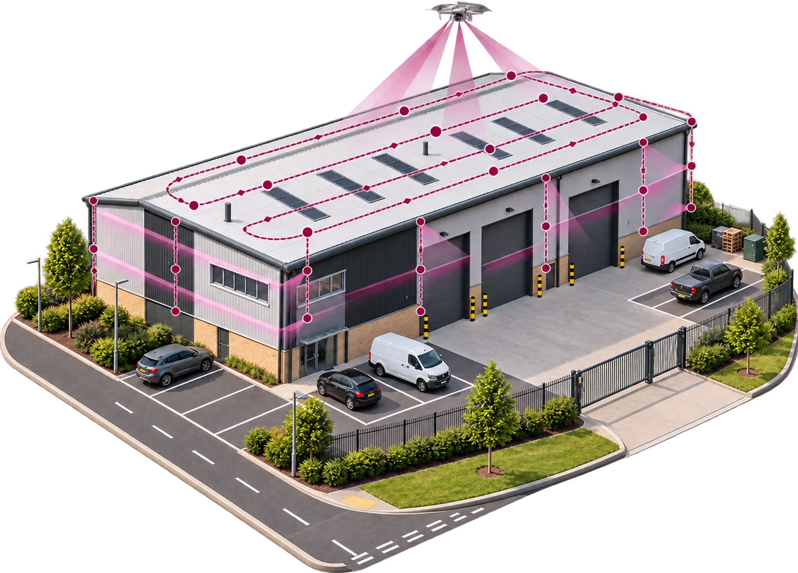 Drone survey visualisation — a planned flight path traced over the roof and elevations of a commercial unit