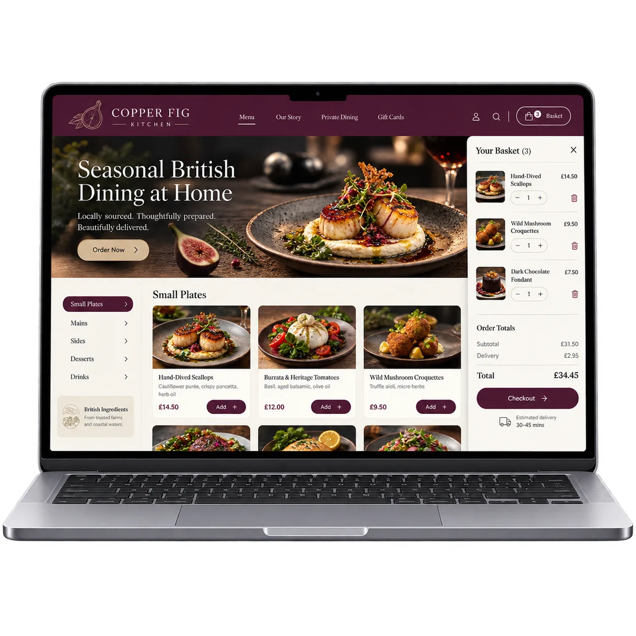 Example ordering site "Copper Fig Kitchen" — an upmarket seasonal-dining site with plum branding, small-plates menu and a live basket with estimated delivery time